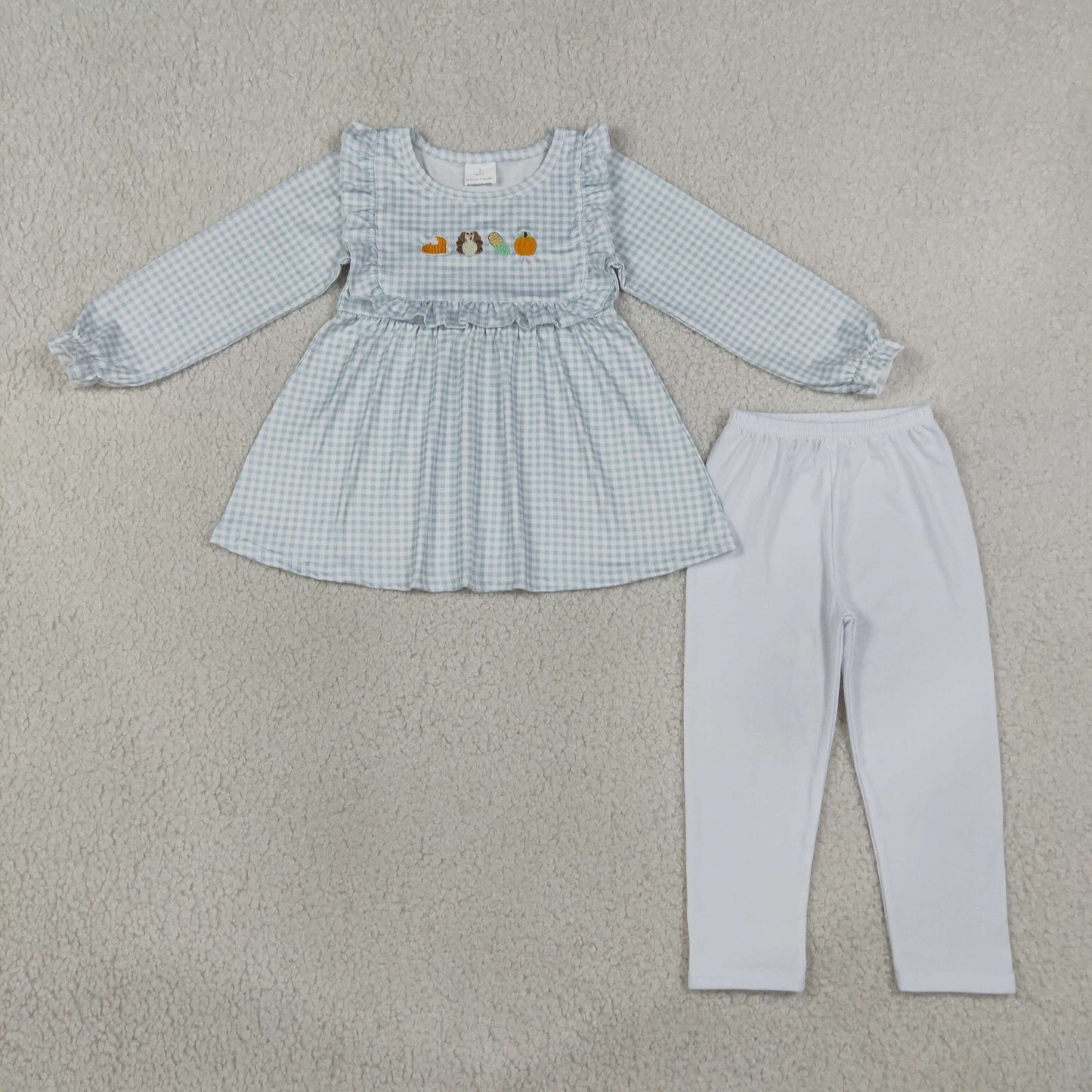 RTS NO MOQ milk silk GLP3409 Embroidery Turkey Pumpkins Baby Girls Cute Tunic Leggings Thanksgivings Set