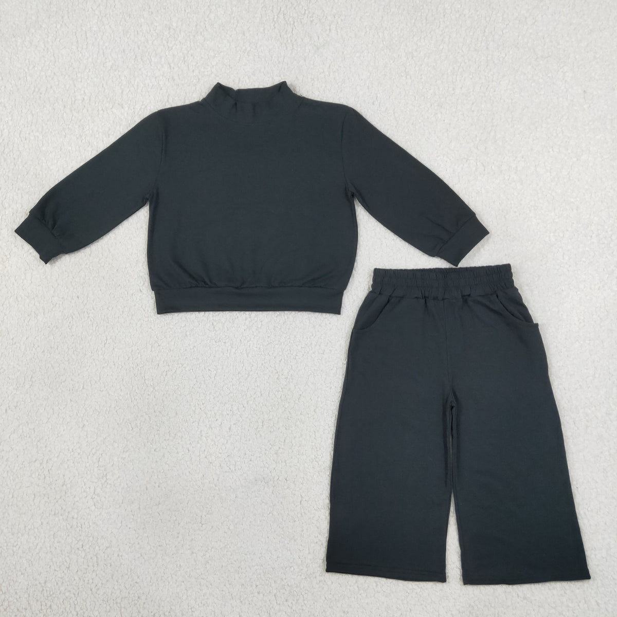 RTS NO MOQ (In stock) cotton GLP3411 Baby Girls Solid Black Pocket Long Sleeve Top Flare Pants Sleepwear Set