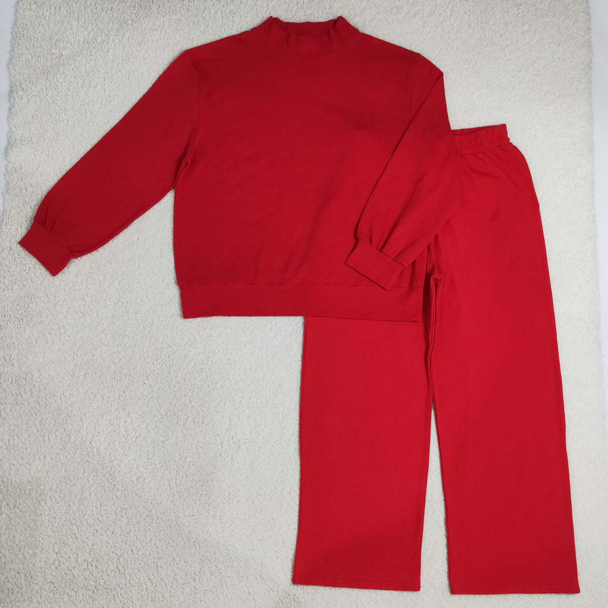 RTS NO MOQ cotton GLP3417 Adult Women Red Long Sleeve Top And Flare Pant Fall Pajamas Casual Set