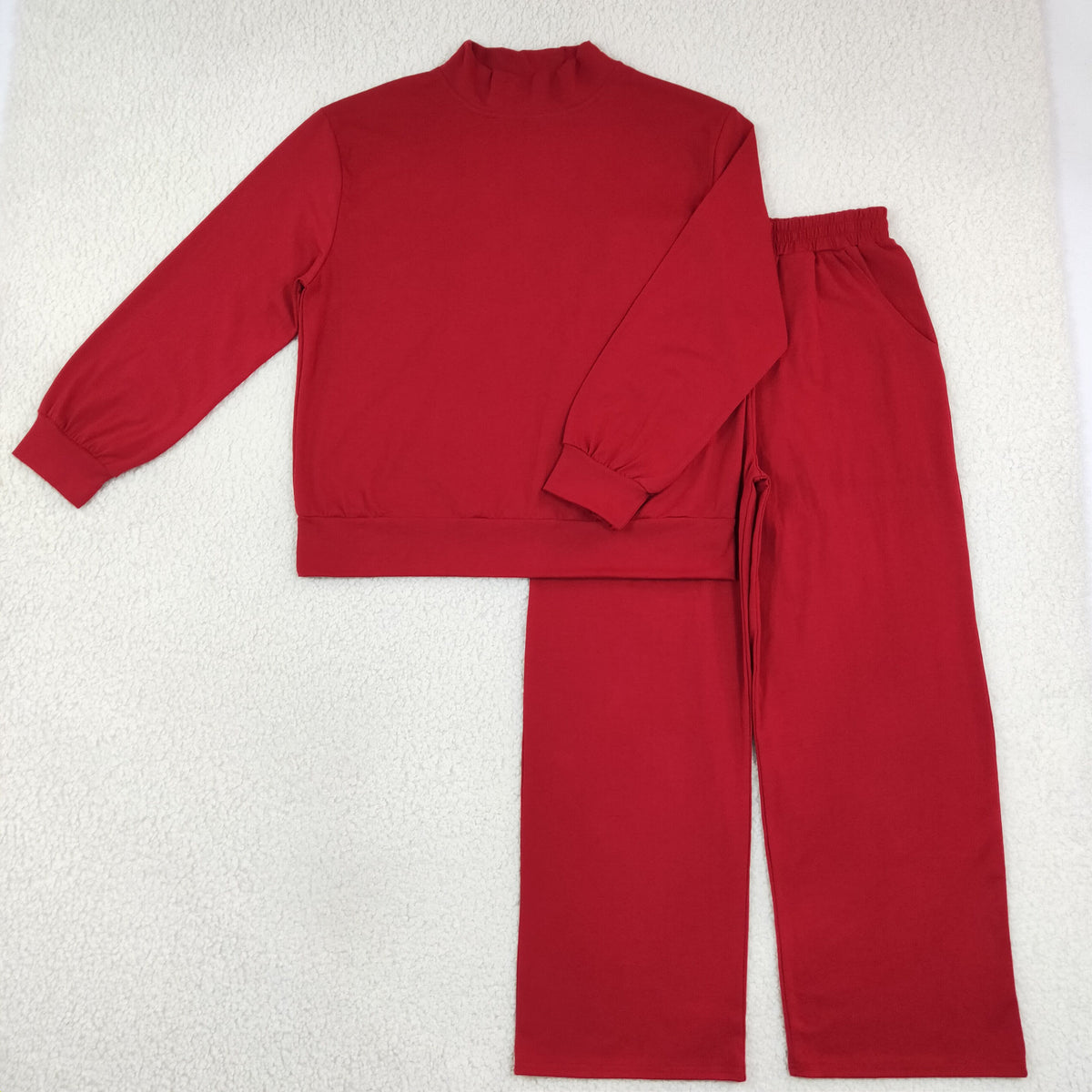 RTS NO MOQ Sibling cotton Adult To Match Kids High Neck Red Mock Neck Long Sleeve Top Wide Leg Pants Set(副本)