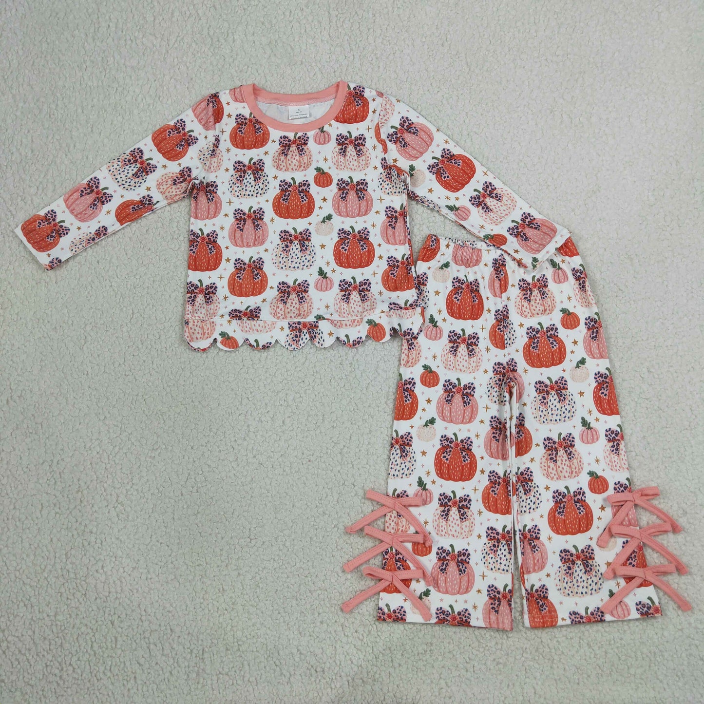 RTS NO MOQ milk silk GLP3435 Baby Girls Leopard Bows Pumpkins Scallop Top Bows Pants Fall Clothes Set