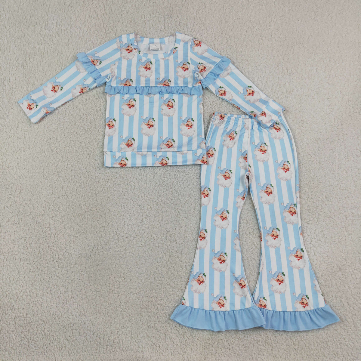 RTS NO MOQ Sibling milk silk Baby Girls Blue White Stripe Santa Print Ruffle Long Sleeve Top And Bell Bottom Pants Christmas Outfit