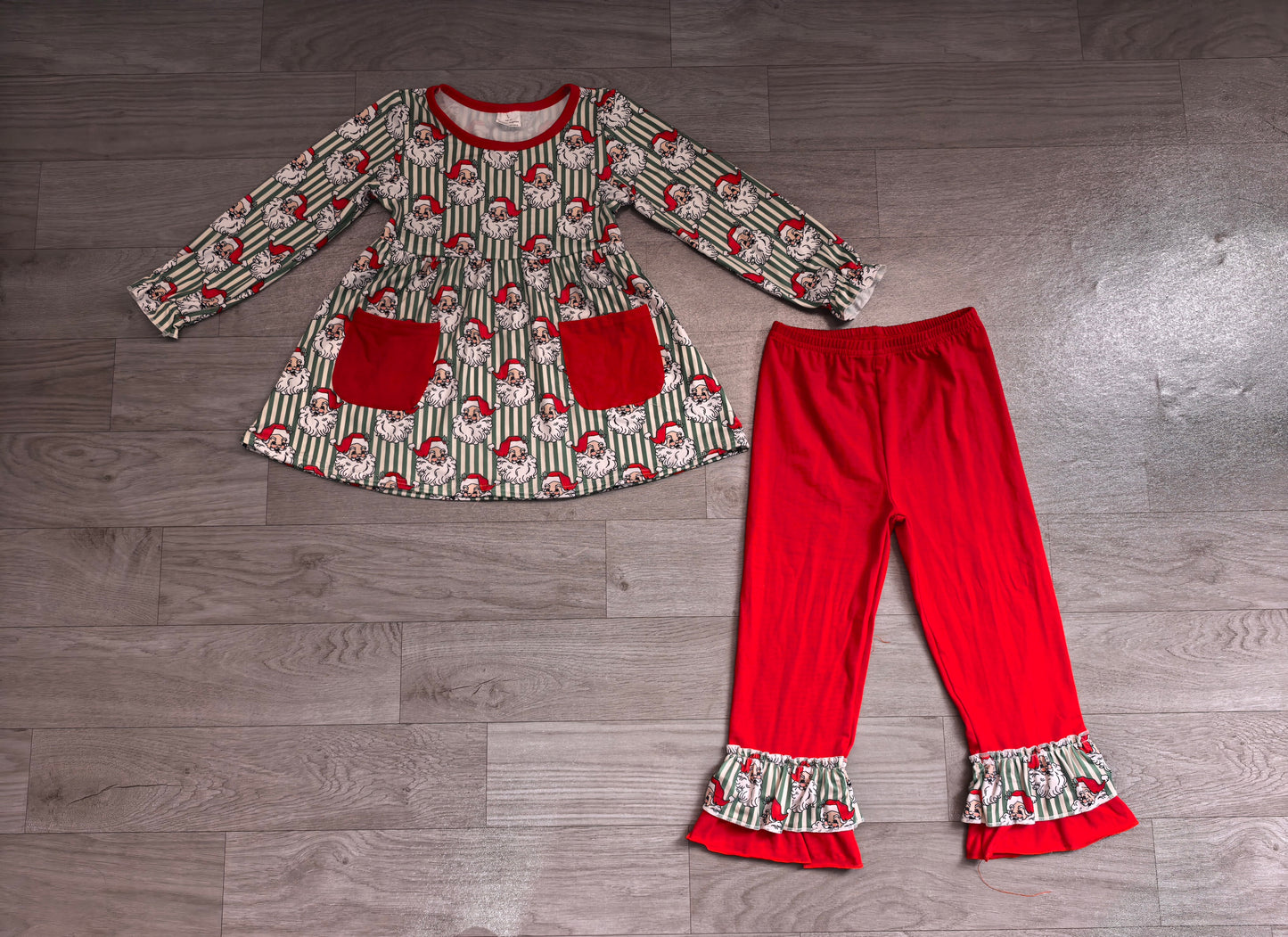 GLP3454 Sample No Moq Baby Girls Green Stripe Santa Pockets Tunic Ruffle Pant Christmas Clothes Set