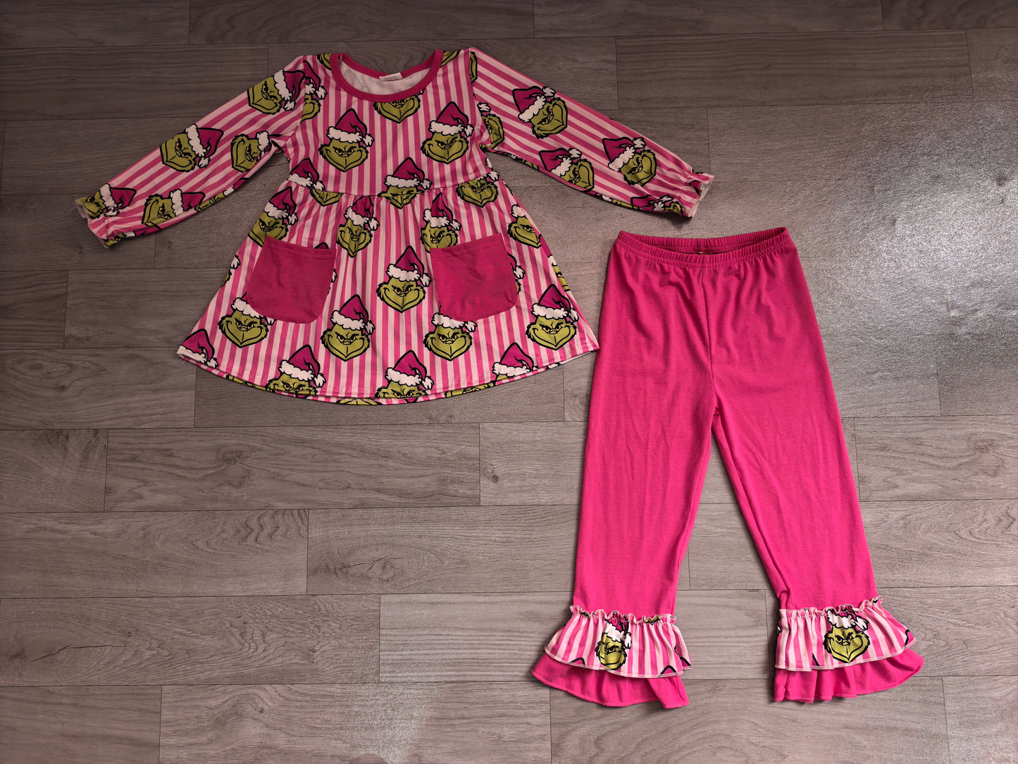GLP3458 Sample No Moq Baby Girls Pink Stripe Frogs Pockets Tunic Ruffle Pant Christmas Clothes Set