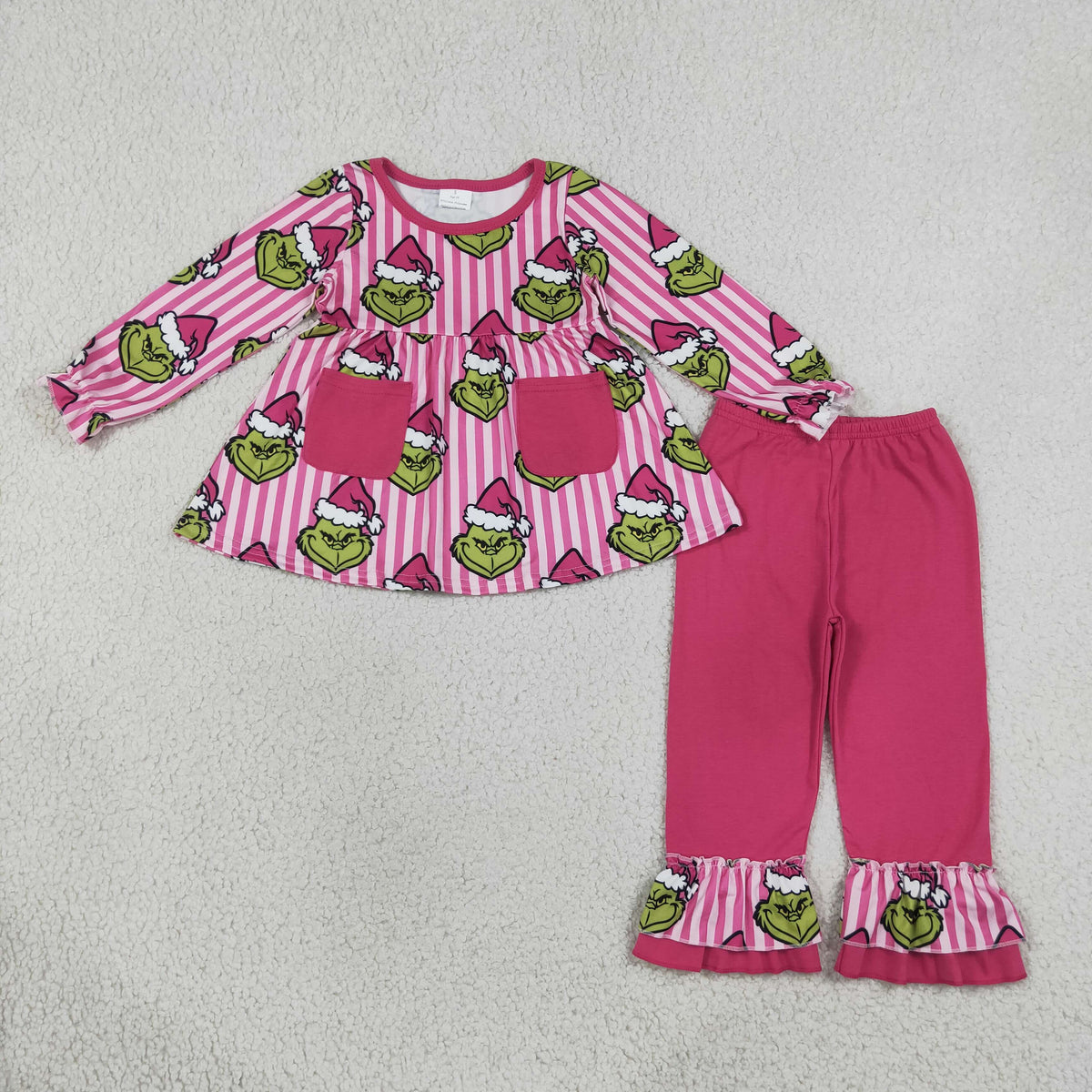 RTS NO MOQ Sibling milk silk Girls Christmas Print Long Sleeve Pocket Tunic Top And Ruffle Hem Pants Sibling Matching Outfit