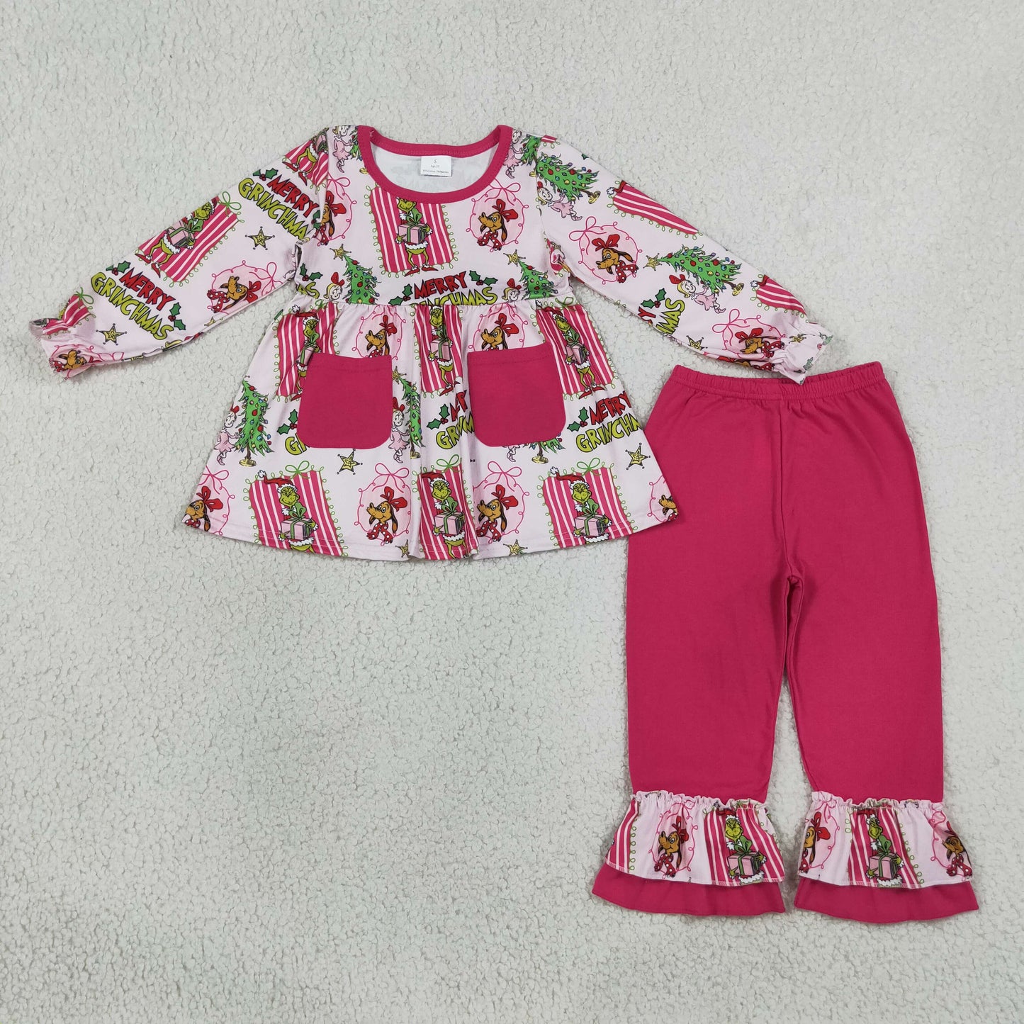 GLP3461 RTS NO MOQ (In stock)milk silk Cute Clothes Baby Girls Christmas Print Long Sleeve Pocket Tunic Elastic Waist Ruffle Hem Pants Holiday Outfit