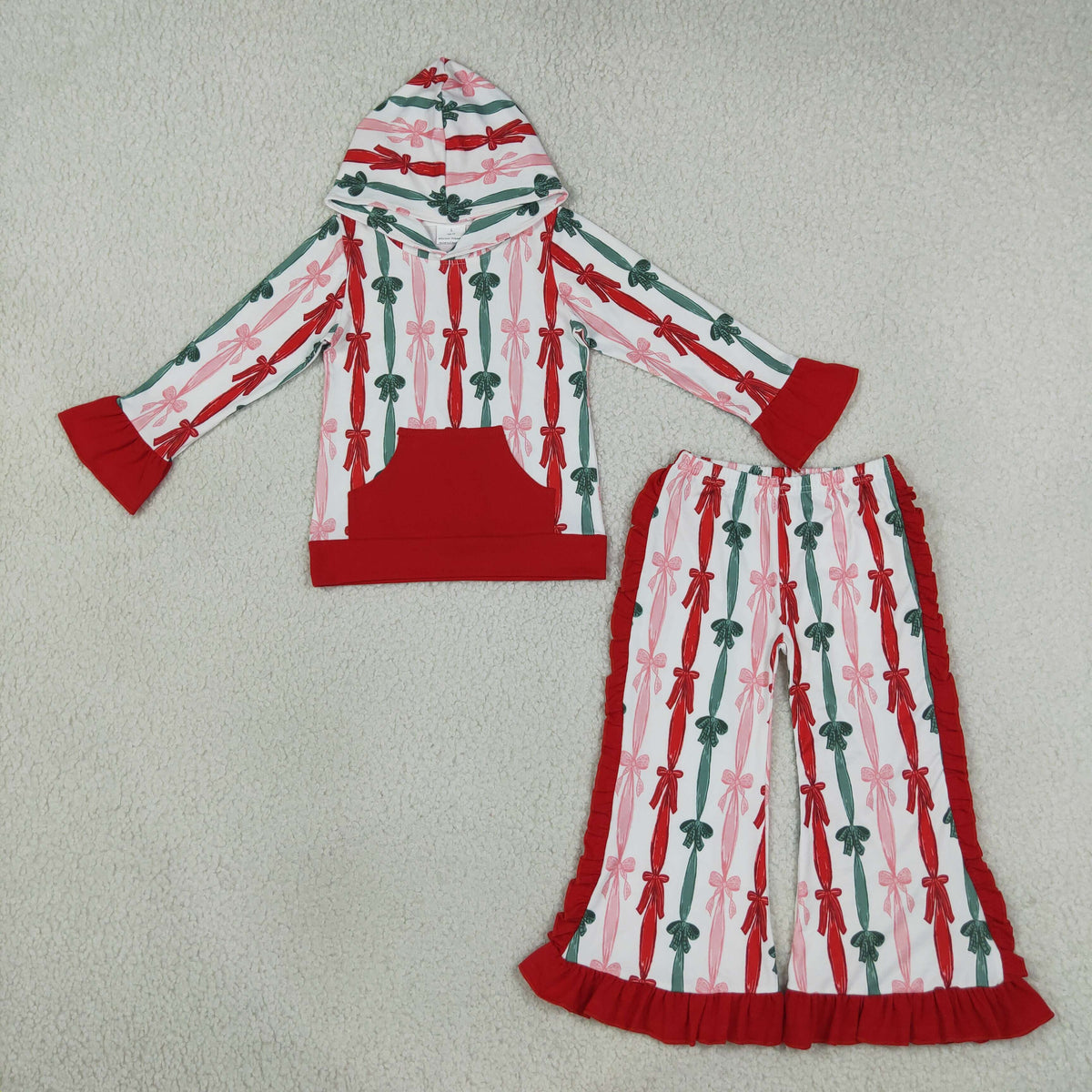RTS NO MOQ (In stock) milk silk GLP3497 Baby Girls Green Red Bows Stripe Pocket Hoodie Ruffle Pant Christmas Sets Holiday Outfit