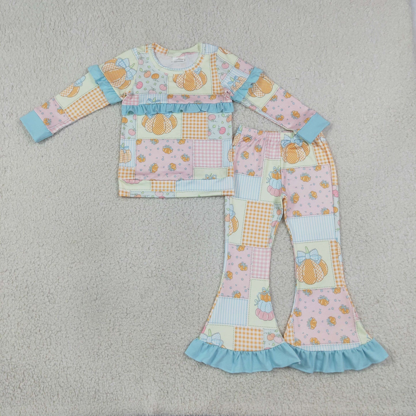 GLP3503 RTS NO MOQ (In stock)milk silk Baby Girls Flowers Bows Pumpkins Top Flare Ruffle Pant Fall Clothes Sets