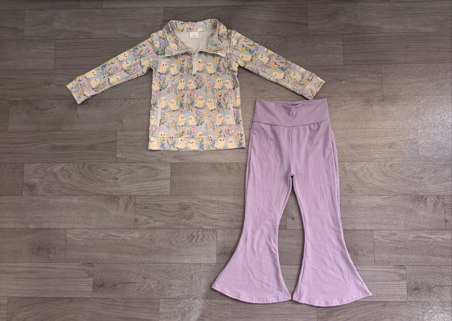 GLP3506 Sample No Moq Baby Girls Ghosts Zip Pockets Pullovers Flare Pant Halloween Clothes Set