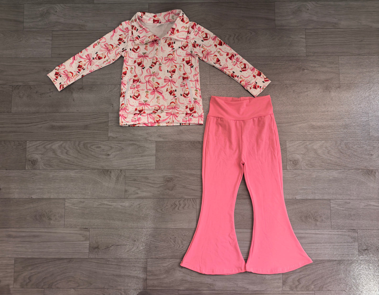 GLP3508 Sample No Moq Baby Girls Bows Santa Zip Pockets Pullovers Flare Pant Christmas Clothes Set
