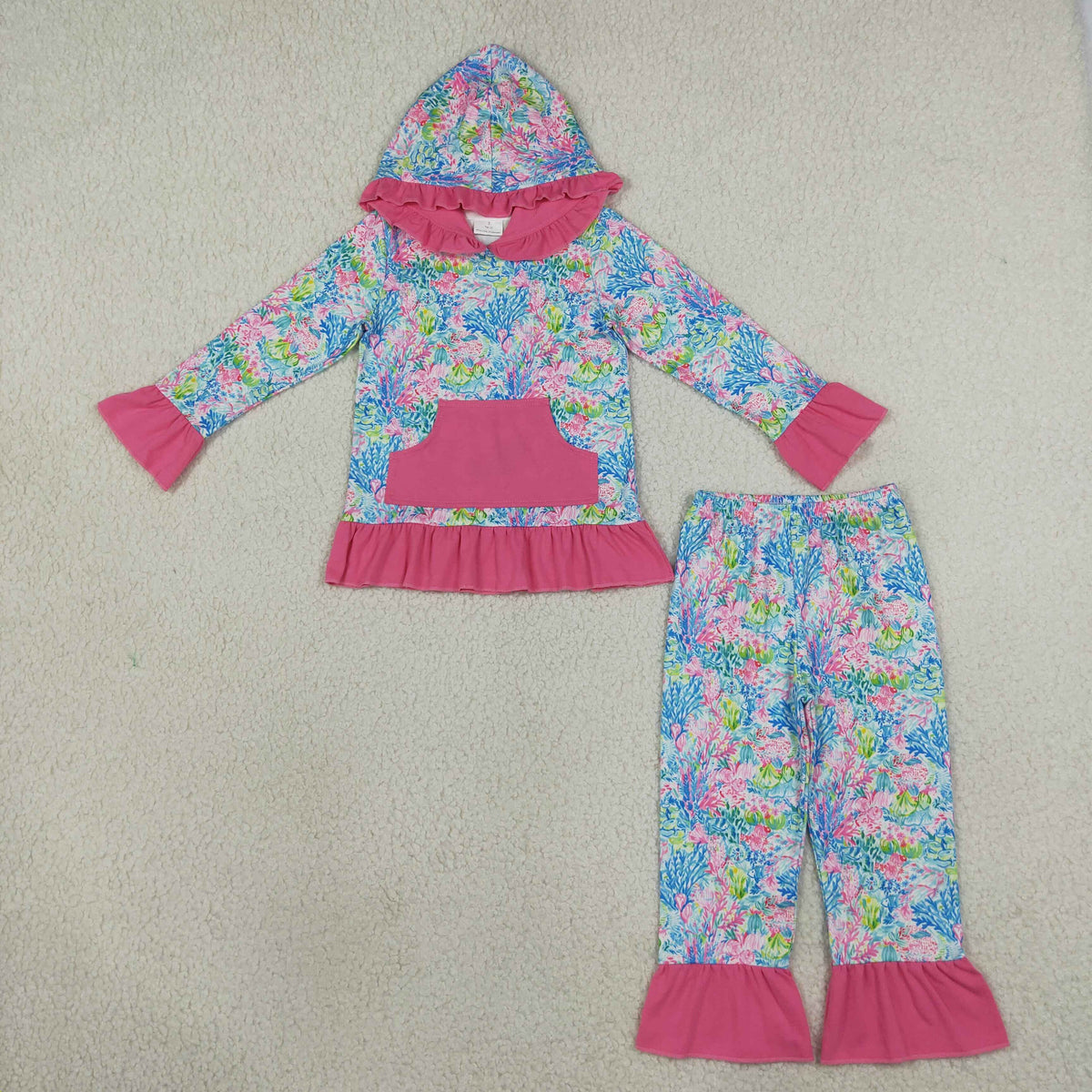 RTS NO MOQ (In stock) milk silk GLP3518 Baby Girls Sea Plants Pocket Ruffle Hoodie Pants Sets