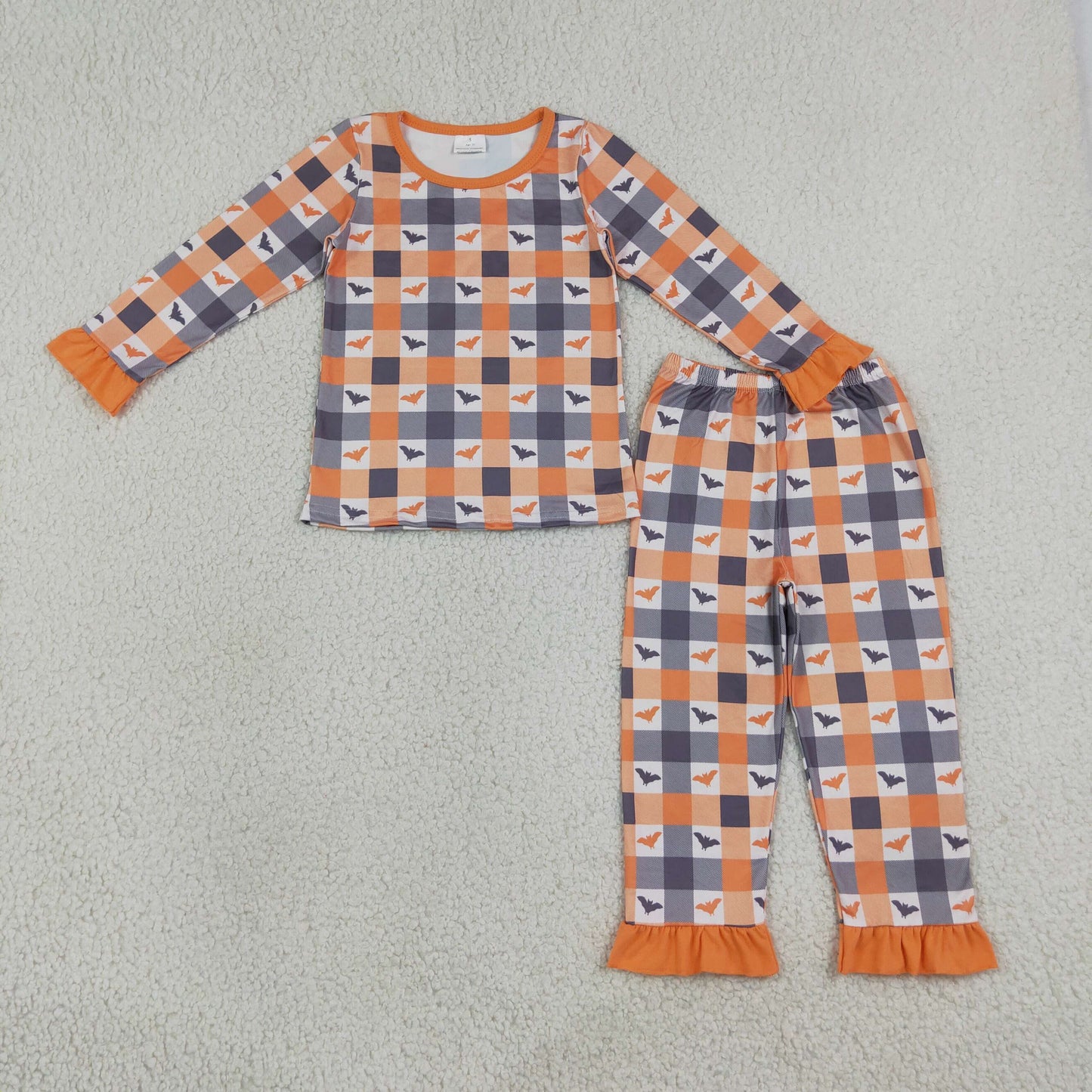 RTS NO MOQ (In stock)milk silk GLP3533 Baby Girls Bats Checked Top Ruffle Pant Halloweens Pajamas Sets