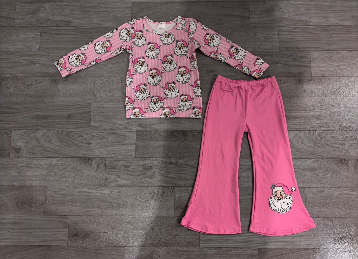 GLP3538 Sample No Moq milk silk Baby Girls Pink Stripe Santa Top Flare Pant Christmas Clothes Sets