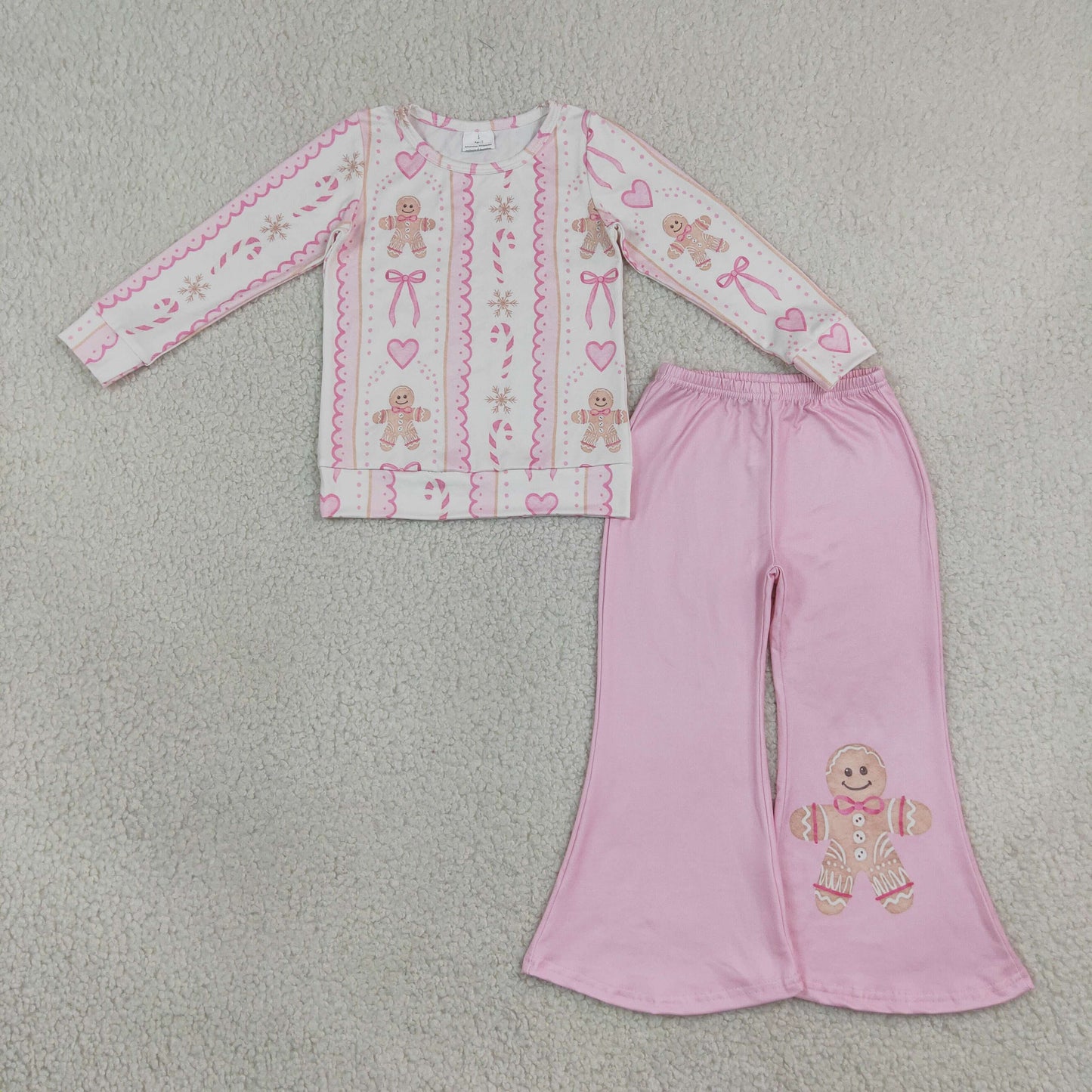 RTS NO MOQ milk silk GLP3540 Baby Girls Pink Gingerbread Candy Cane Bow Print Long Sleeve Top Pink Flare Bell Bottom Pants Christmas Outfit