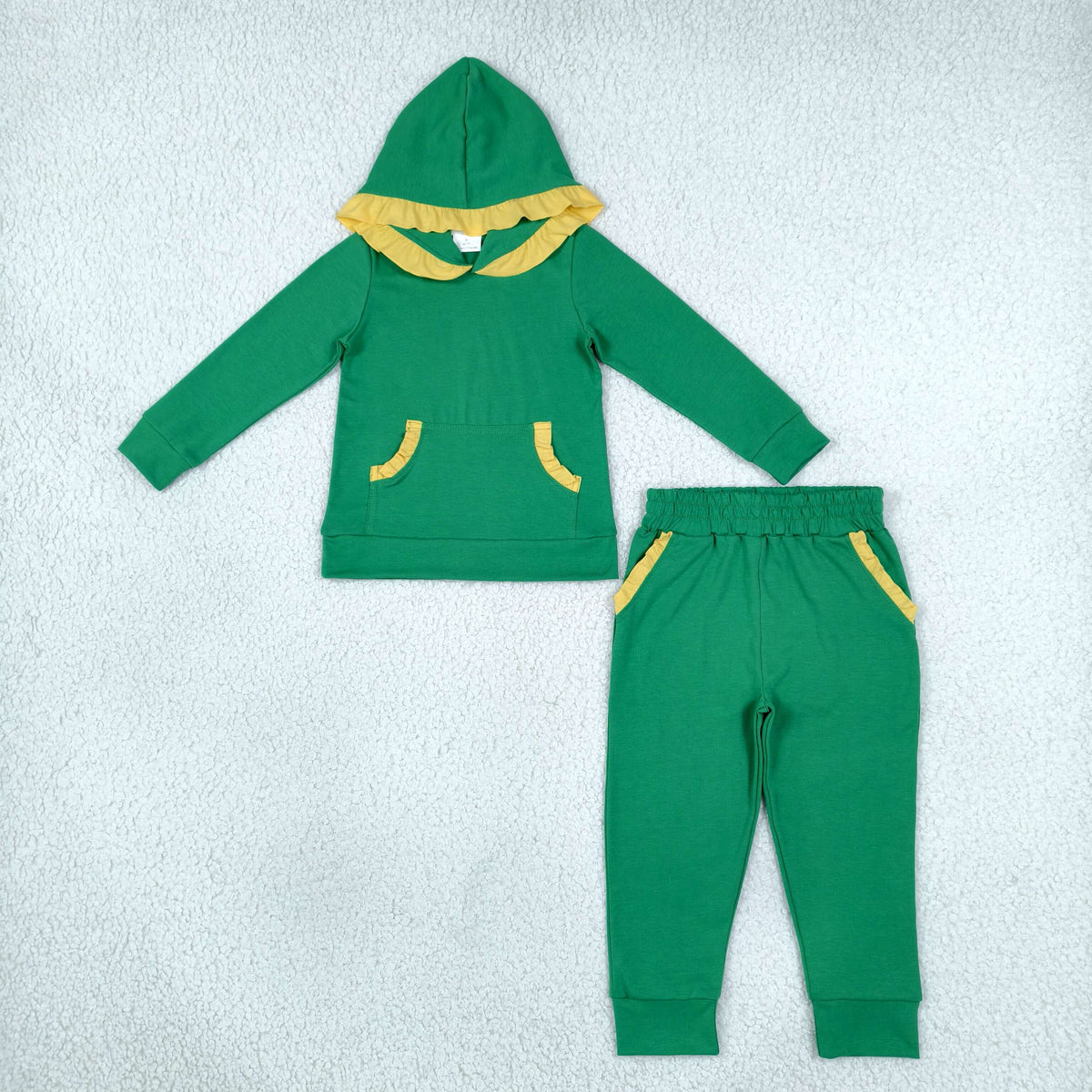RTS NO MOQ cotton GLP3569 Baby Girls Yellow Green Ruffle Hoodie Pockets Jogger Clothes Sets Cute Casual Outfit