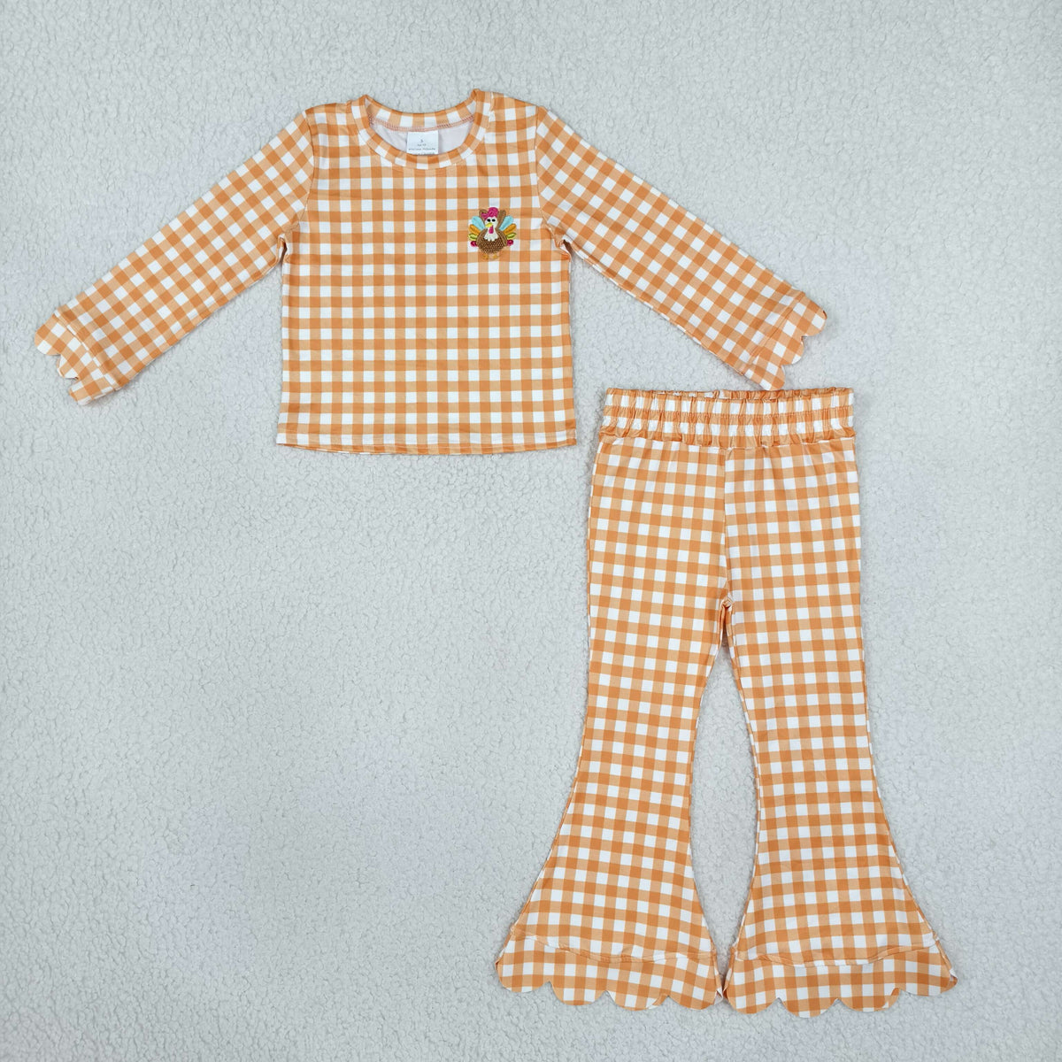 RTS NO MOQ (In stock)milk silk GLP3588 Embroidery Turkey Baby Girls Orange Checked Top Scallop Pant Thanksgivings Clothes Set