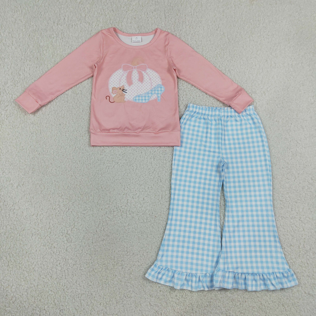 RTS NO MOQ milk silk GLP3598 Baby Girls Bow Pumpkins Mouse Top Checked Ruffle Flare Pant Fall Clothes Sets