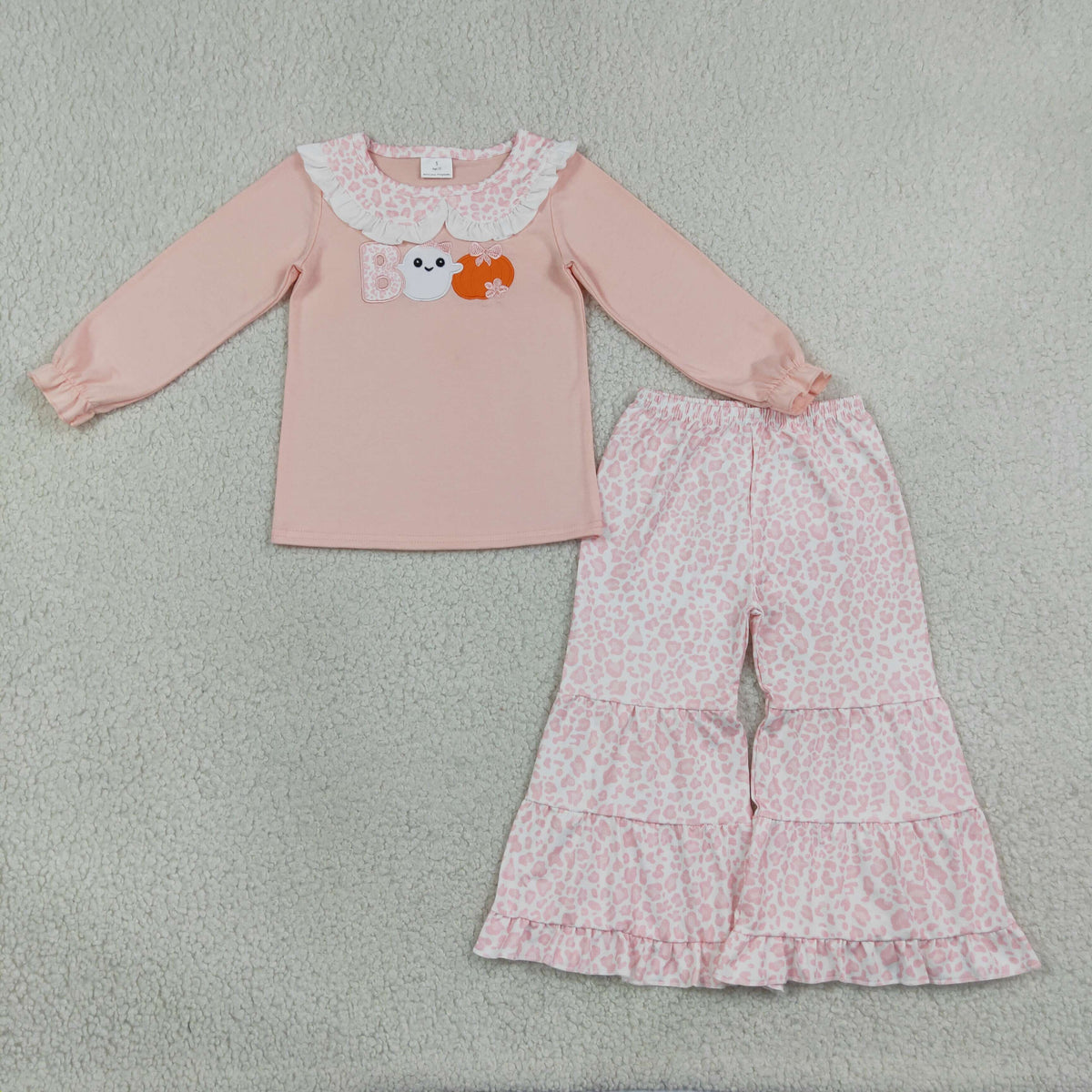 RTS NO MOQ milk silk GLP3630 Embroidery Pumpkin Ghost BOO Baby Girls Top Leopard Bell Bottom Halloween Sets