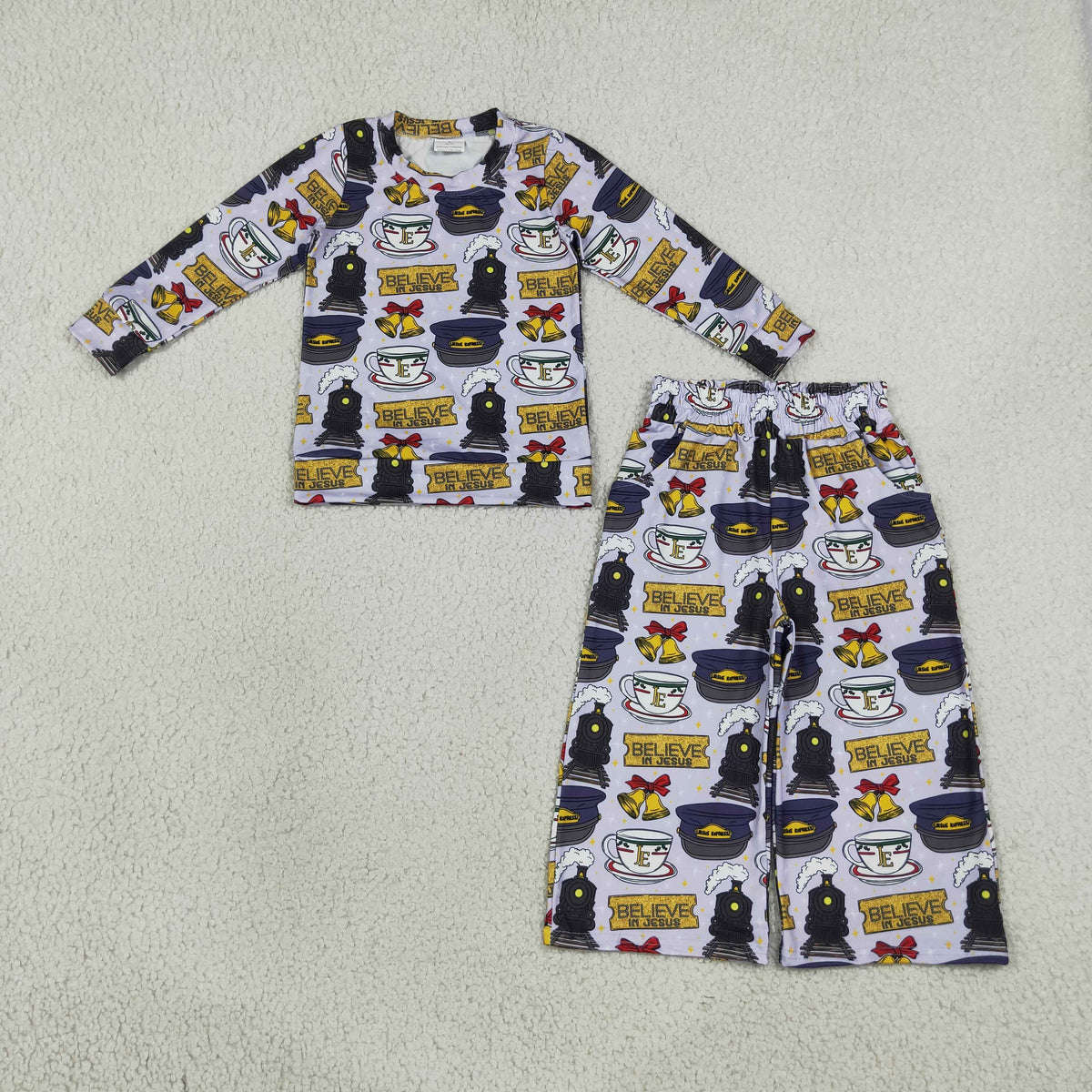 RTS NO MOQ milk silk GLP3641 Baby Girls Believe in Jesus Top Pockets Flare Pant Clothes Set
