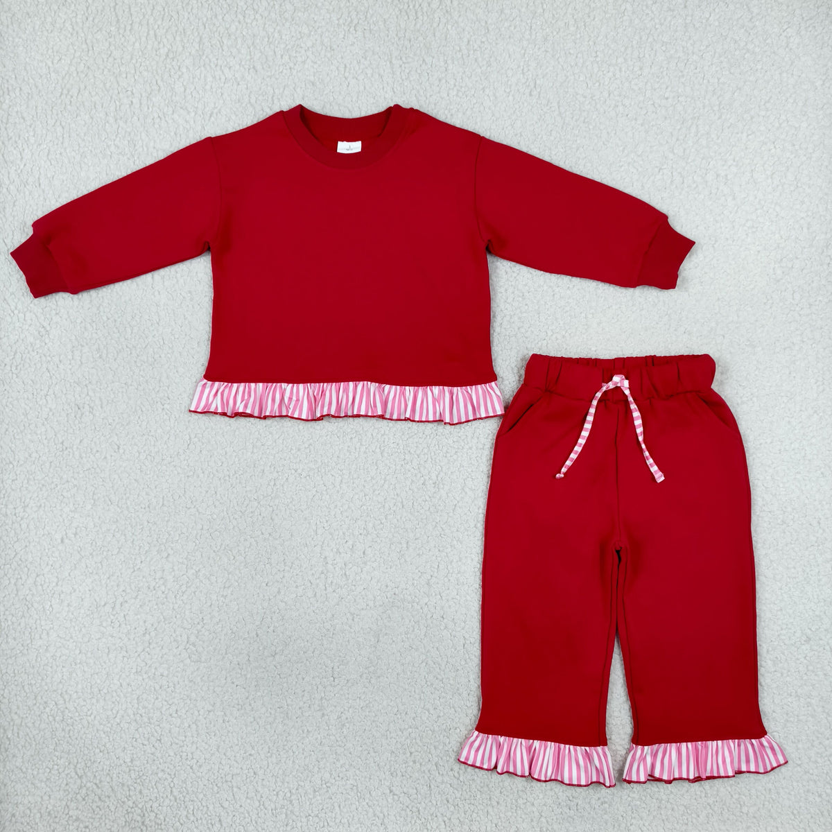 RTS NO MOQ (In stock) fleece GLP3648 Sweatshirt Material Kids Girls Red Long Sleeve Top Pockets Pants Sweatshirt Clothes Set Fall Outfit
