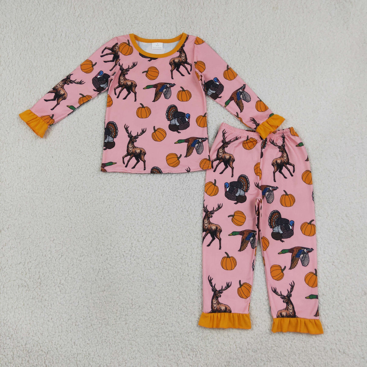 RTS NO MOQ milk silk GLP3655 Baby Girls Pumpkins Deer Top Ruffle Pant Thanksgivings Pajamas Sets