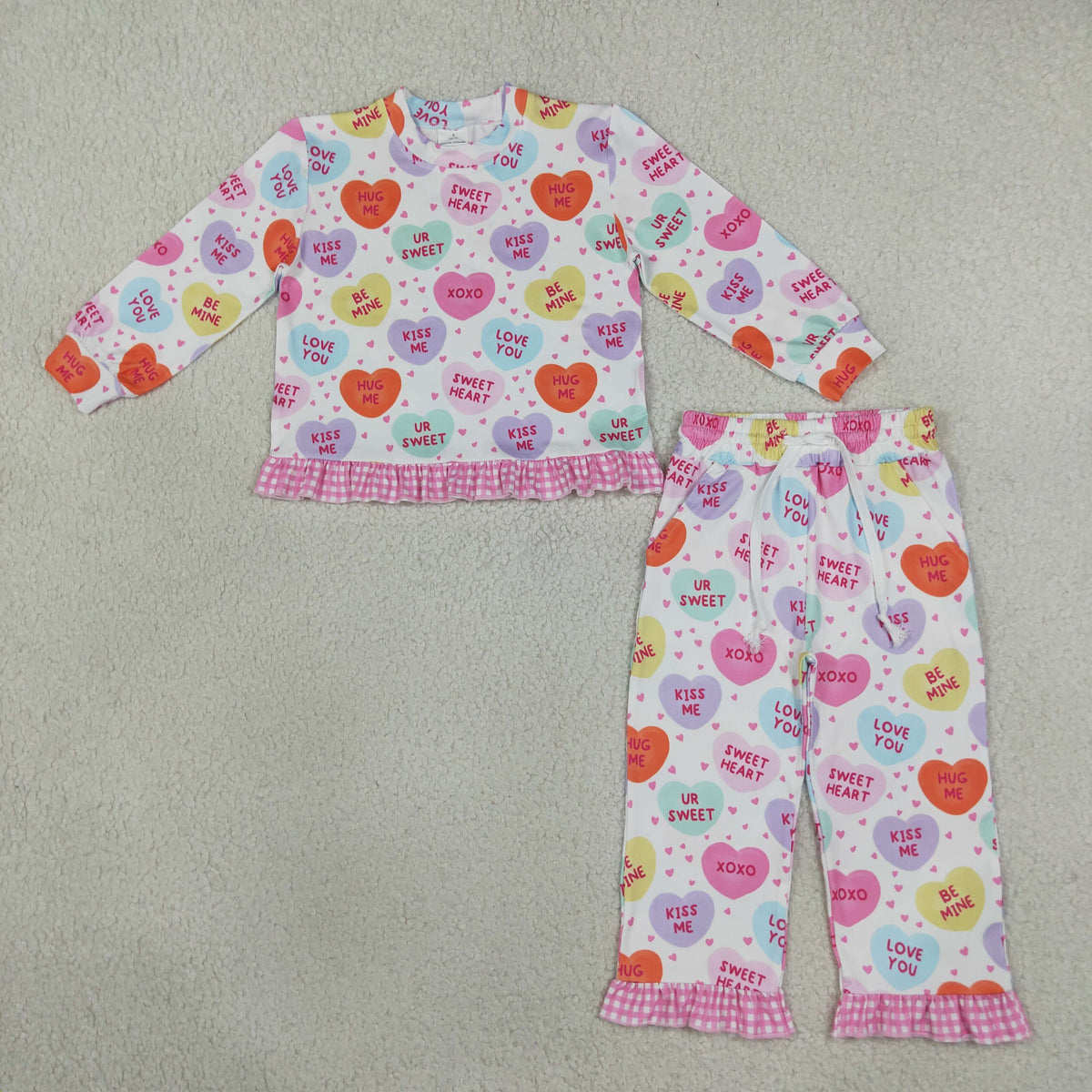 RTS NO MOQ (In stock)milk silk GLP3676 Baby Girls Valentines Heart Print Long Sleeve Ruffle Top And Drawstring Ruffle Pants Pajamas Set