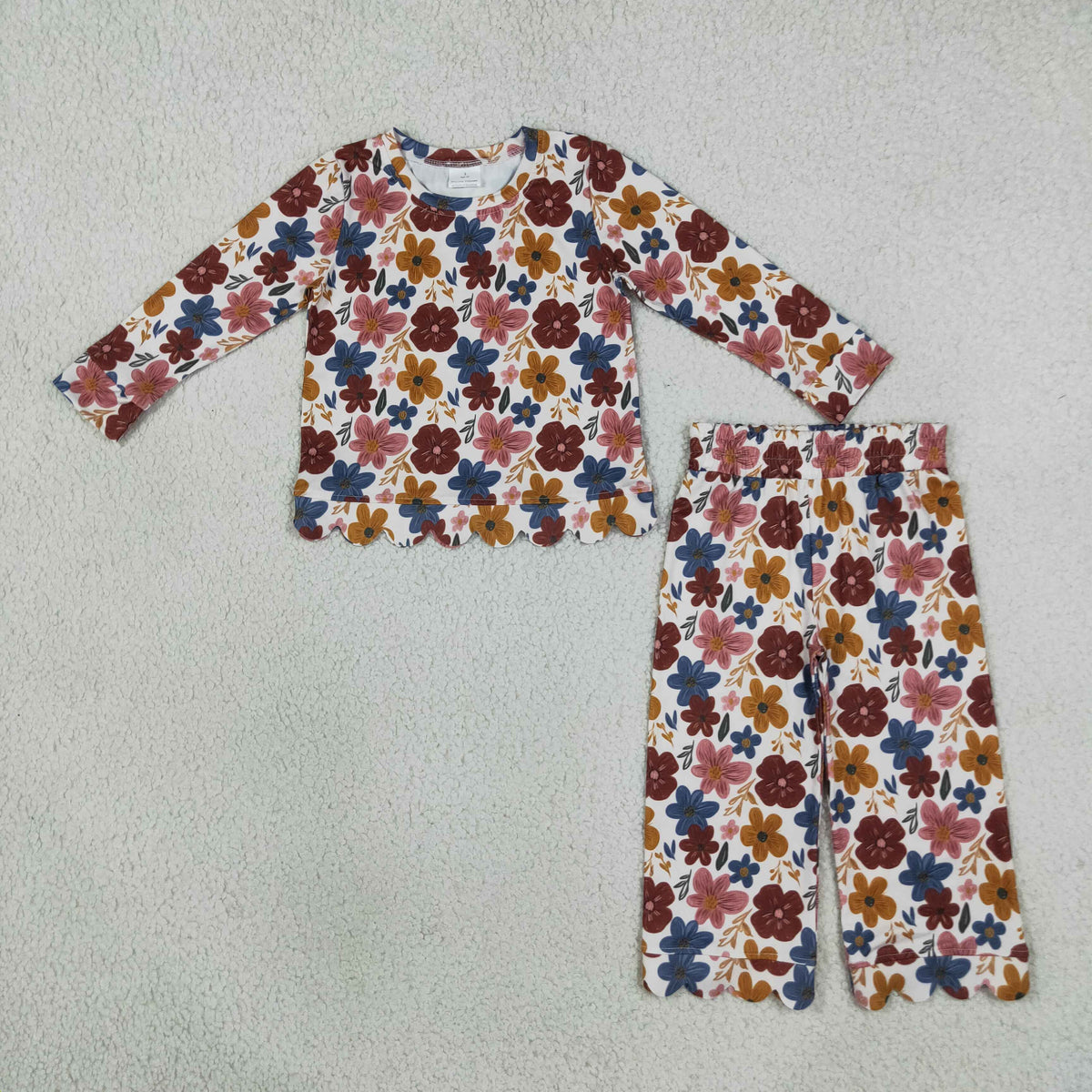 RTS NO MOQ (In stock)GLP3690 Baby Girls Long Sleeve Colorful Flowers Top Pants Fall Scallop Clothes Set