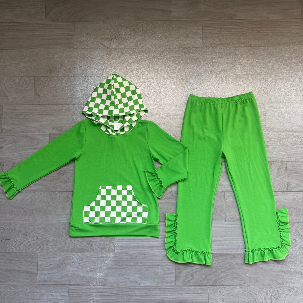 GLP3714(GT1855+P1165) Sample No Moq milk silk Baby Girls Green Checked Pocket Hoodie Ruffle Pant Clothes Set