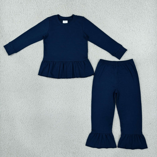 RTS NO MOQ Sibling cotton Baby Girls Solid Color Long Sleeve Ruffle Top And Flare Pant Matching Set