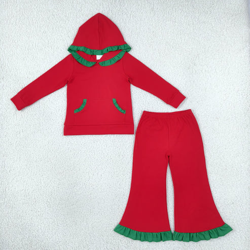 RTS NO MOQ Sibling cotton CHRISTMAS RUFFLE SETS Baby Girls Solid Long Sleeve Hooded Top Ruffle Hem Flare Pant Casual Outfit