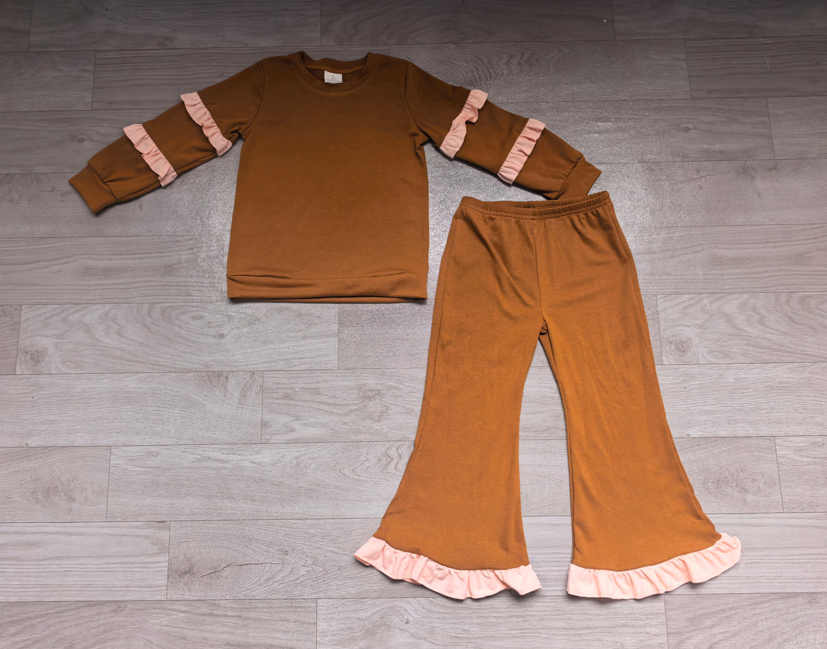 GLP3842 Sample No Moq Baby Girls Brown Long Sleeve Top Ruffle Bell Bottom Clothes Set