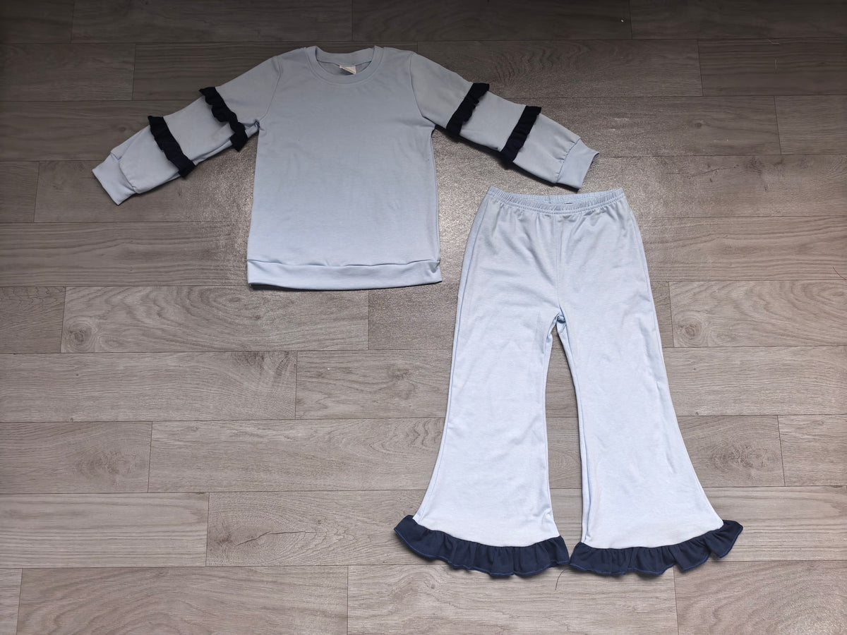 GLP3844 Sample No Moq Baby Girls Light Blue Long Sleeve Top Ruffle Bell Bottom Clothes Set