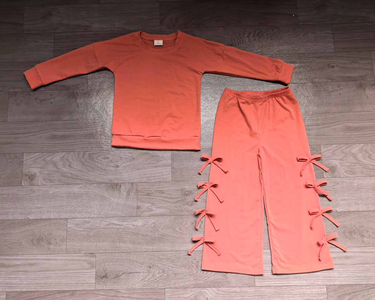 GLP3845 Sample No Moq Baby Girls Peach Long Sleeve Bows Pockets Top Flare Pant Clothes Set