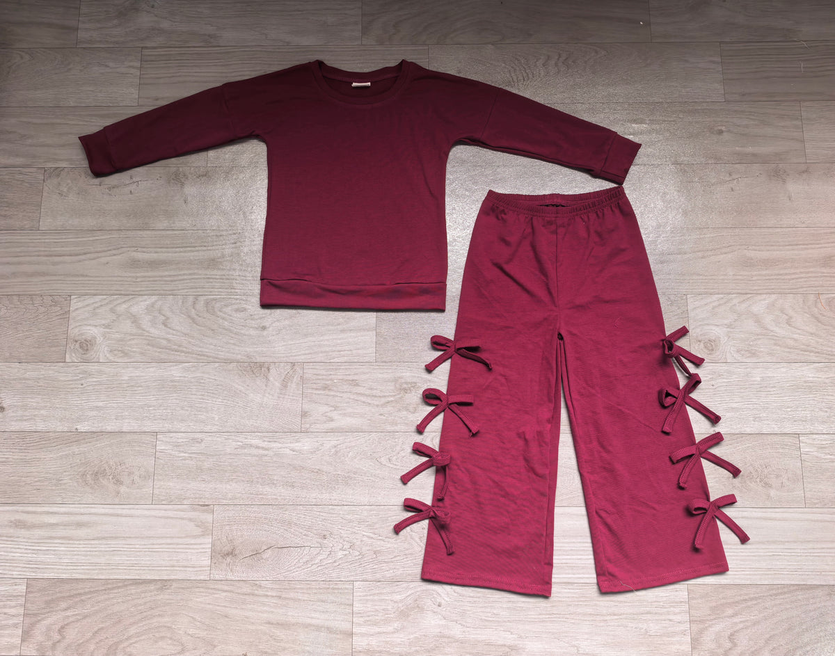 GLP3846 Sample No Moq Baby Girls Maroon Long Sleeve Bows Pockets Top Flare Pant Clothes Set