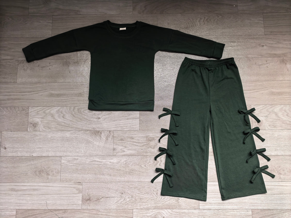 GLP3847 Sample No Moq Baby Girls Green Long Sleeve Bows Pockets Top Flare Pant Clothes Set
