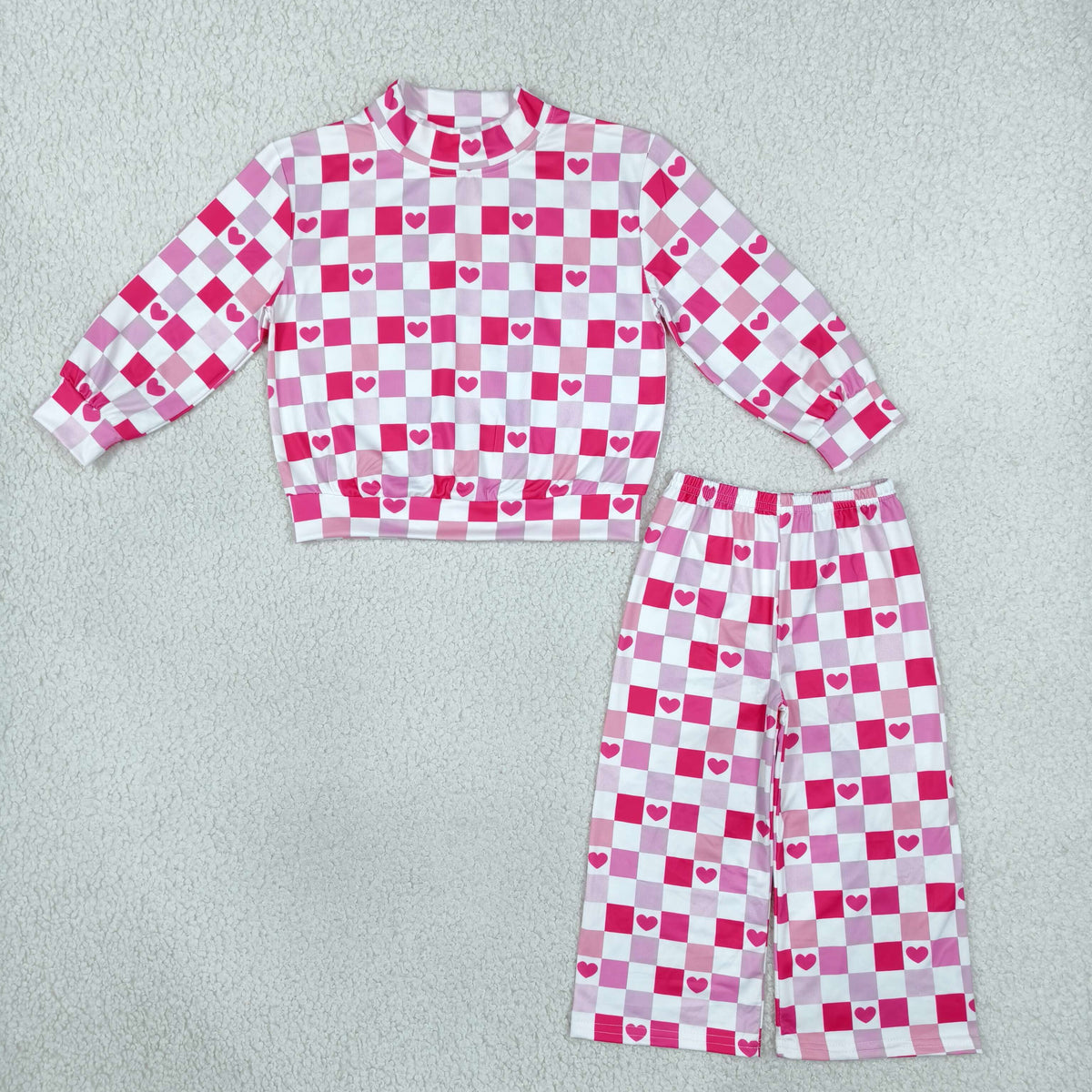 RTS NO MOQ (In stock)milk silk GLP3867 High Neck Baby Girls Casual Pink Checked Hearts Choker Top Flare Pant Valentines Set
