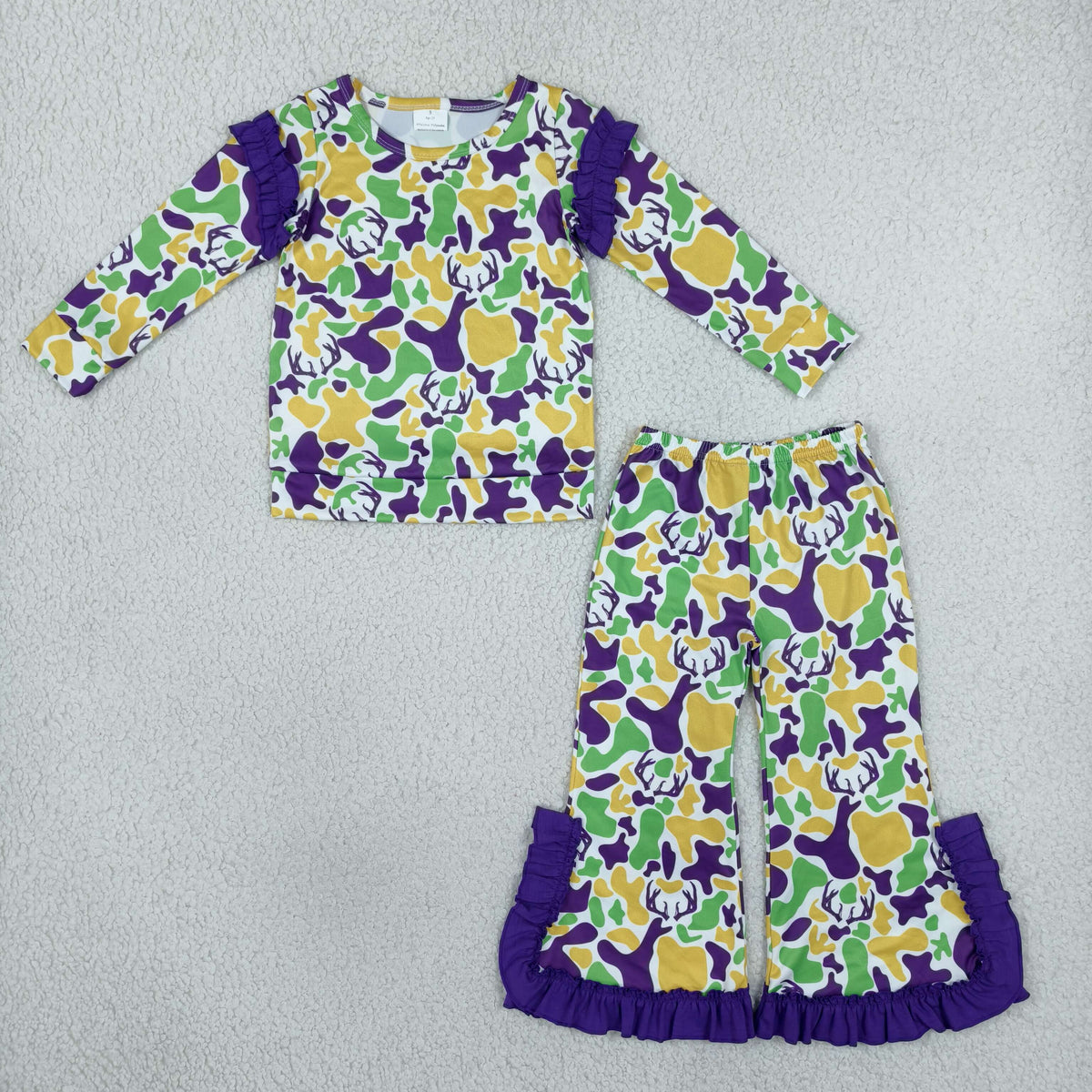 RTS NO MOQ (In stock)milk silk GLP3872 Baby Girls Mardigras Deer Camo Top Bell Bottom Pant Hunting Clothes Set