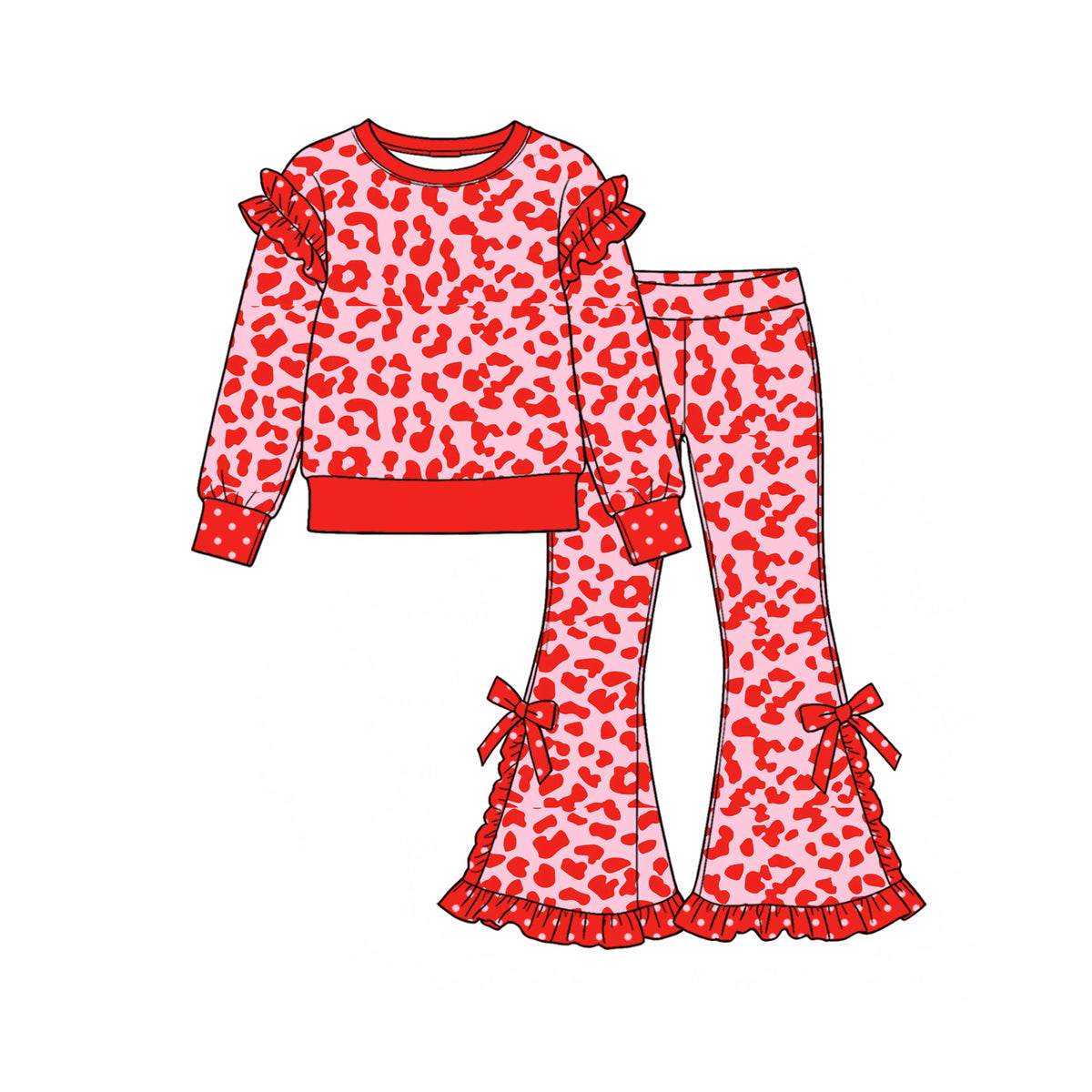 GLP3984 (Preorder new) No moq GLP4025 Baby Girls Pink Red Leopard Crew Neck Top Bow Bell Bottom Clothes Set