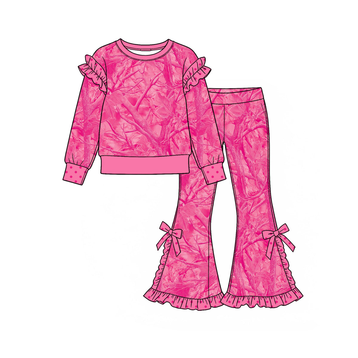 GLP3984 (Preorder new) No moq GLP4026 Baby Girls Tree Camouflage Crew Neck Sweatshirt Pink Bow Ruffle Hem Bell Bottom Clothes Set