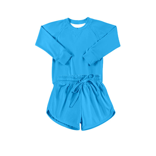 pre order Light Blue Long Sleeve Yoga Top Shorts Set for Kids Girls - Comfortable Breathable Children's Active Wear