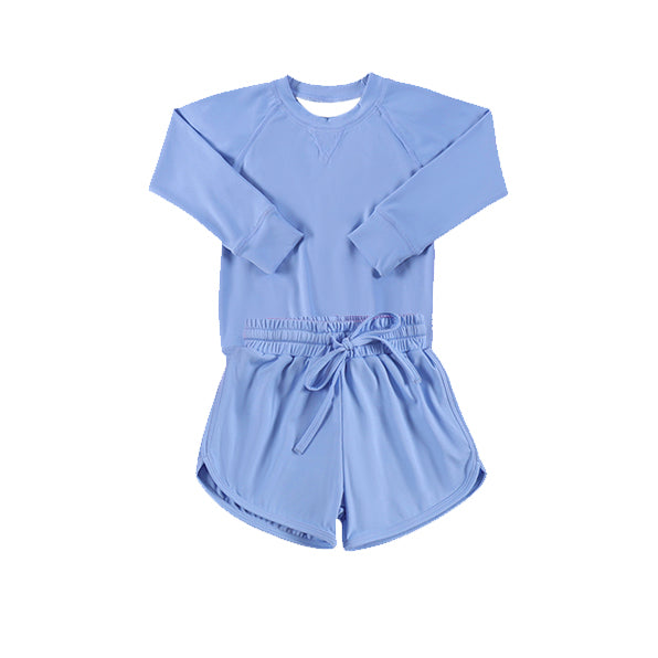 pre order Light Blue Long Sleeve Yoga Top Shorts Set for Kids Girls - Comfortable Breathable Children's Active Wear