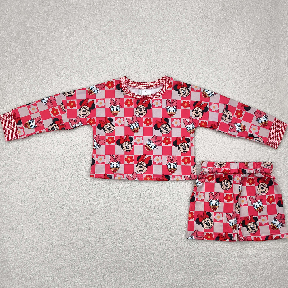 6.13 GLS0010RTS NO MOQ Baby Girls Yoga Outfits Girls Pink Duck Mouse Flower Print Long Sleeve Shorts Set