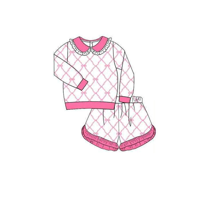 10.14 GLS0035 Pre order No Moq Baby Girls Long Sleeve Pink Bows Checked Top Ruffle Shorts Clothes Sets