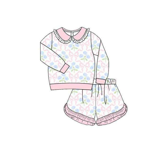 10.14 GLS0037 Pre order No Moq Baby Girls Long Sleeve Bows Flowers Checked Top Ruffle Shorts Clothes Sets