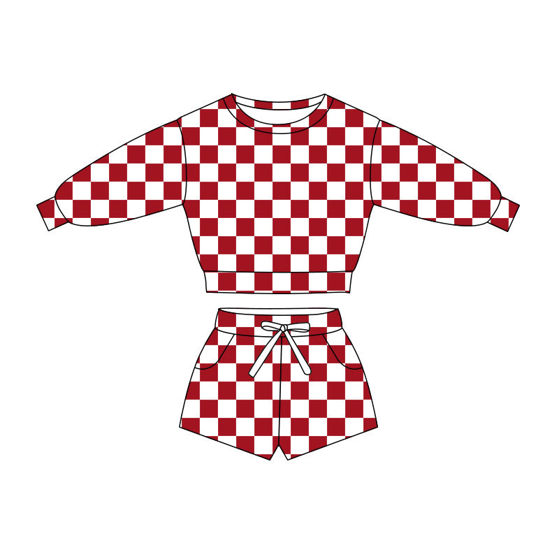 10.31 GLS0052 Pre order No Moq Baby Girls Long Sleeve Red Checked Top Pockets Short Clothes Sets