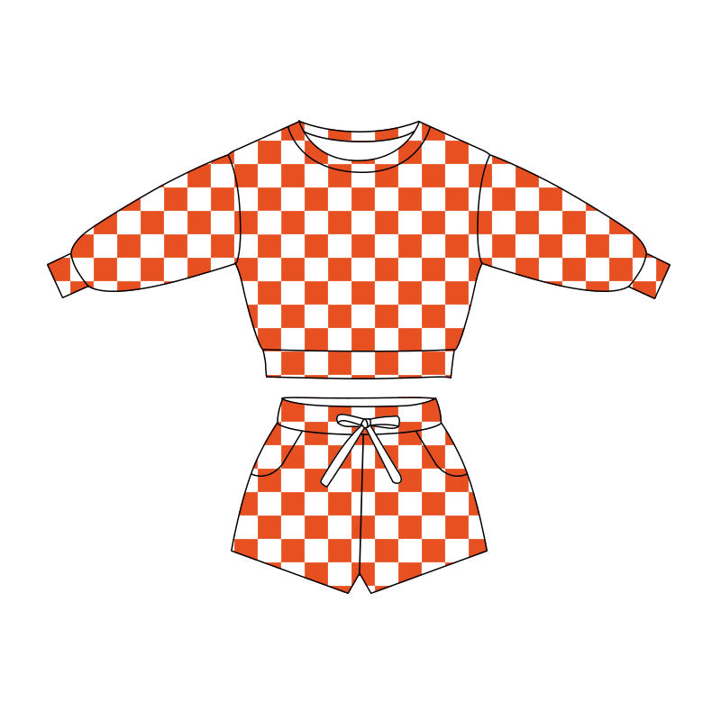 10.31 GLS0056 Pre order No Moq Baby Girls Long Sleeve Orange Checked Top Pockets Short Clothes Sets