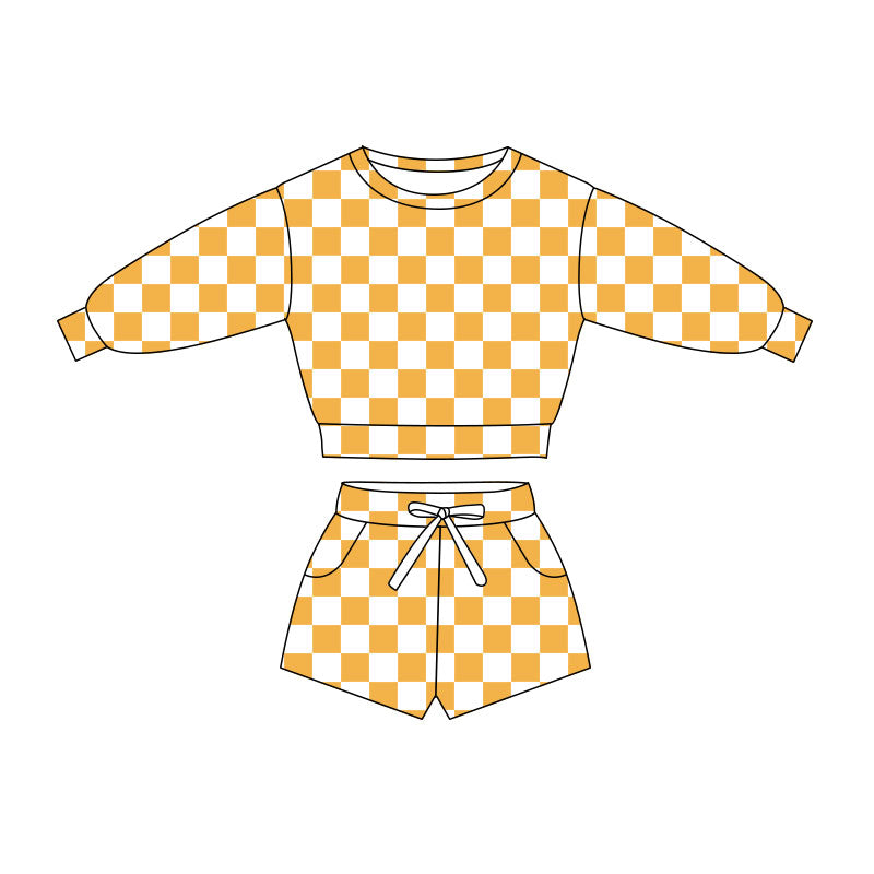 10.31 GLS0057 Pre order No Moq Baby Girls Long Sleeve Yellow Checked Top Pockets Short Clothes Sets