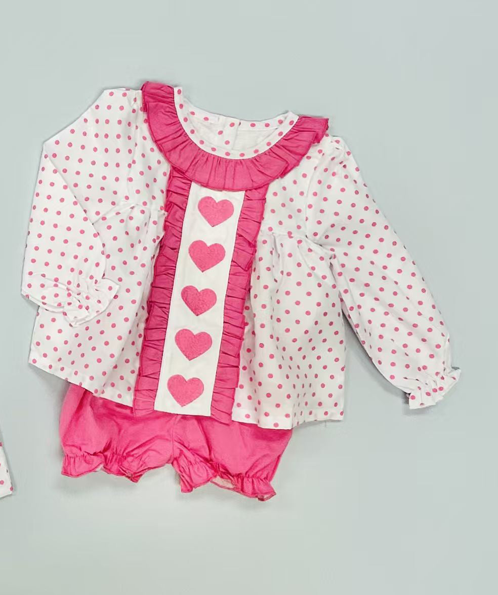 11.18 GLS0062 Pre order No Moq Baby Girls Pink Polka Dots Heart Collar Tunic Ruffle Short Valentines Clothes Set