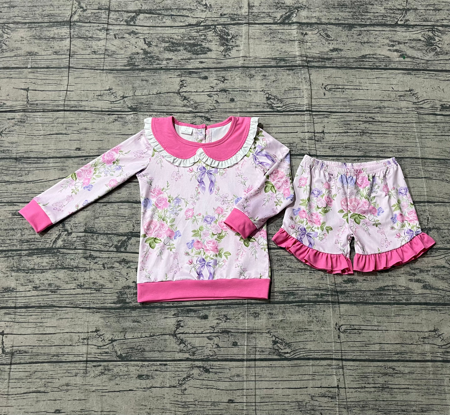 1.6 GLS0082 Smple No Moq Baby Girls Pink Flowers Collar Top Ruffle Shorts Clothes Sets