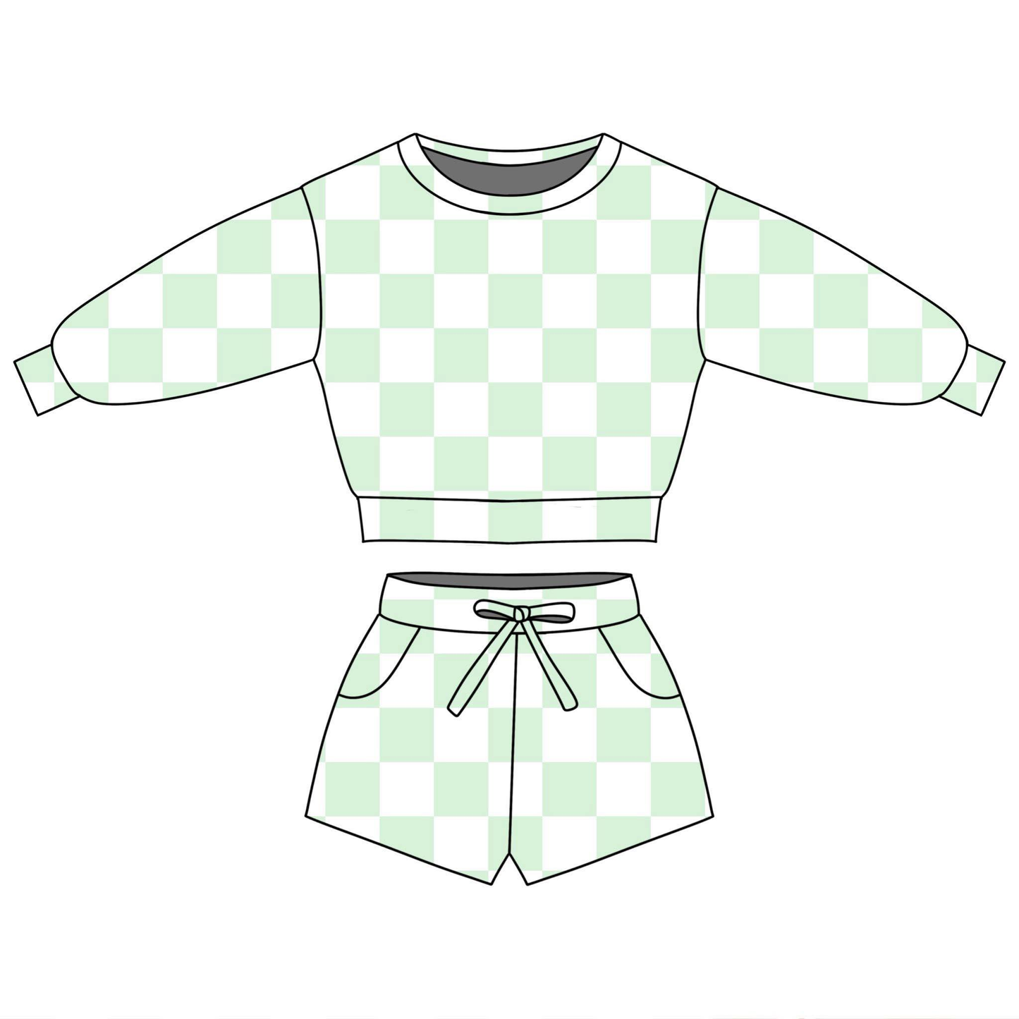1.6 GLS0086 Pre order No Moq Baby Girls Light Green Checked Long Sleeve Top Pockets Shorts Clothes Sets